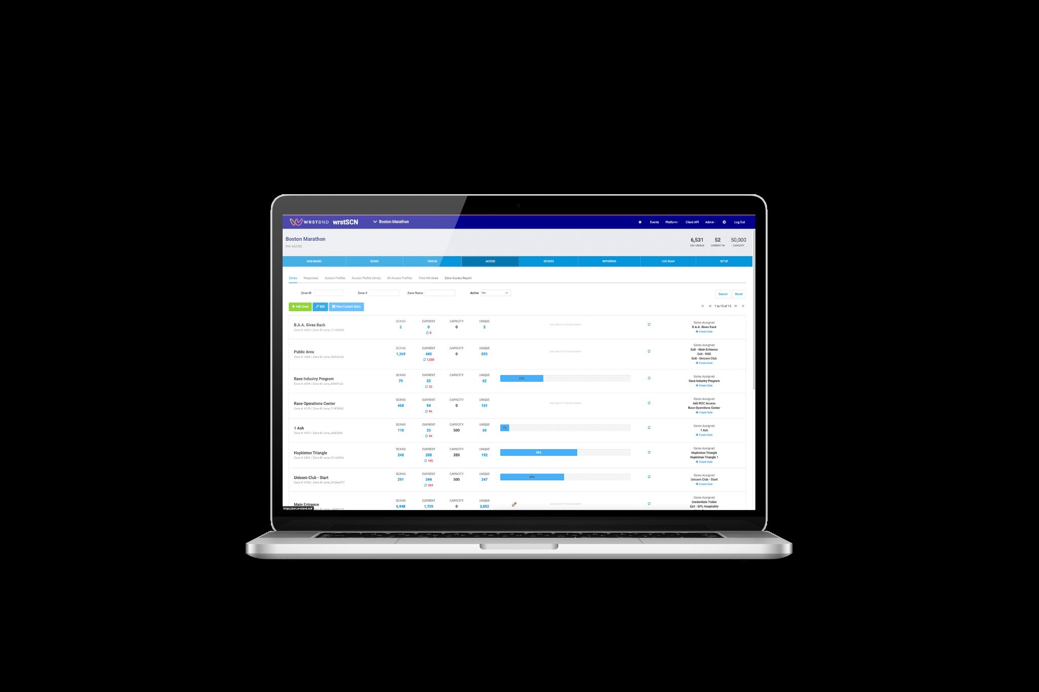WRSTBND platform screenshot: Live access & zone monitoring